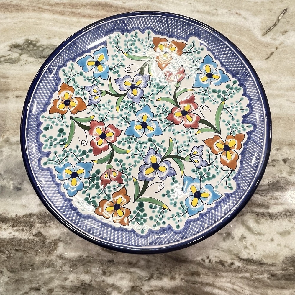 Handpainted Handmade Talavera Art Pottery Wall Plate 11"‎ Floral Signed